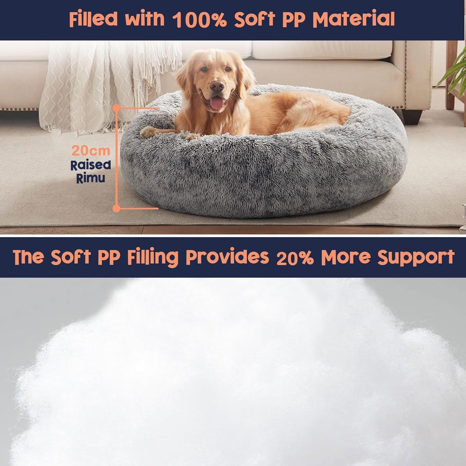 Calming Dog Bed for Dog & Cat, Donut Washable Puppy Bed with Ultra-Plush Support, Fluffy Faux Fur Plush Cushion Beds for Small Medium Dogs (70CM)