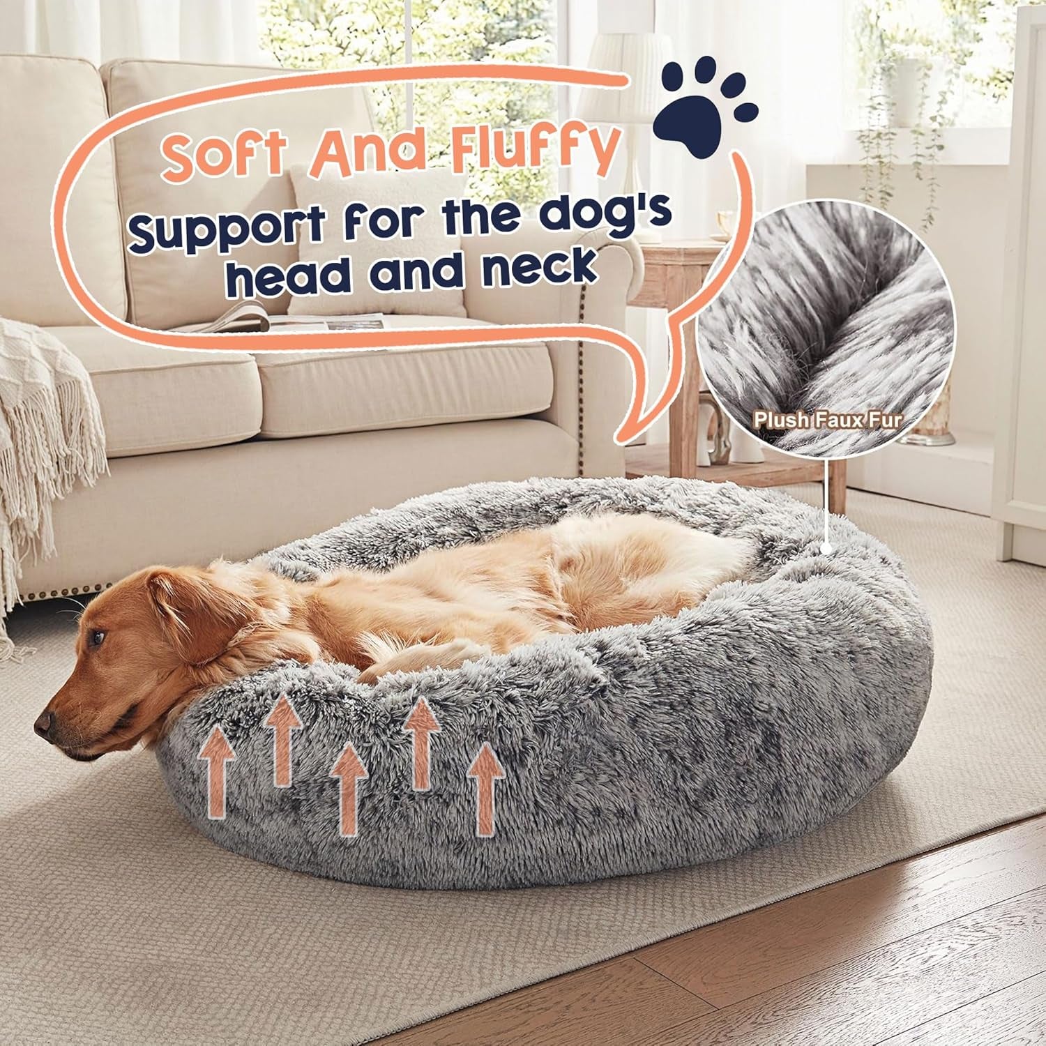 Calming Dog Bed for Dog & Cat, Donut Washable Puppy Bed with Ultra-Plush Support, Fluffy Faux Fur Plush Cushion Beds for Small Medium Dogs (70CM)