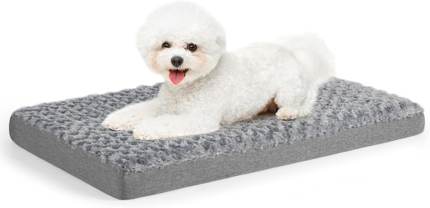 Dog Beds for Small Medium Dogs, Dog Crate Bed Washable Dog Bed Pad with Removeable Cover Faux Fur Surface, Orthopedic Pet Beds Dog Mattress Mat for Dogs up to 13KG, Grey, Medium
