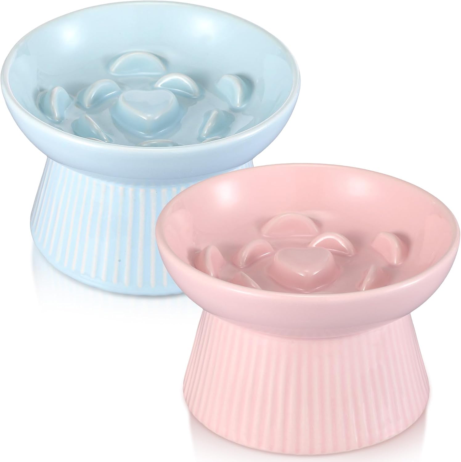 2 Pack Raised Slow Feeder Cat Bowls Ceramic Elevated Cat Food Bowls anti Vomiting Slow Feeder for Dog and Kitten for Dry and Wet Food(Blue, Pink)