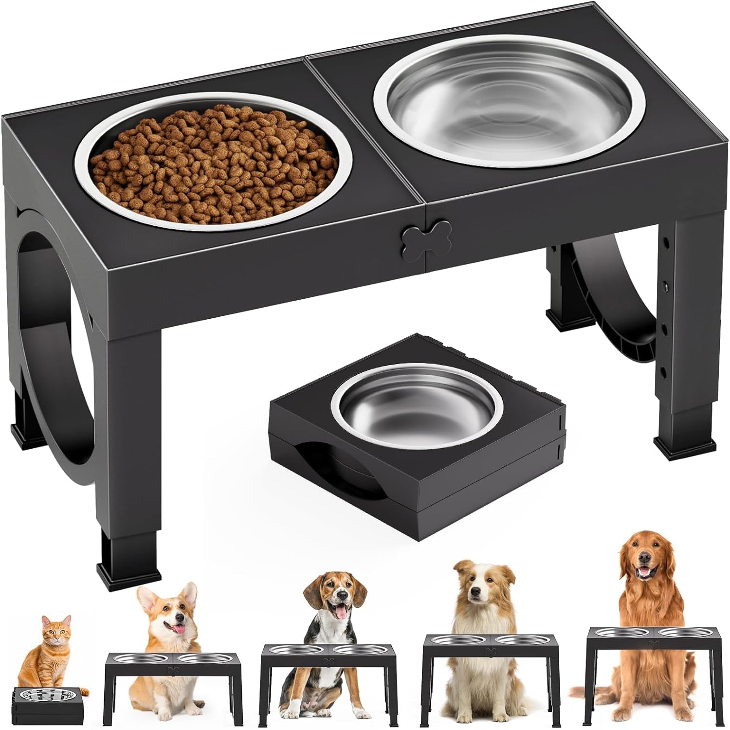 Elevated Dog Bowls for Medium Large Breed Dogs, 4 Height Adjustable Dog Raised Bowls Stand to 9.09", 10.63", 12.20", 13.78", 2 Thick Stainless Steel Dog Food Water Bowls, No Slip Dog Feeder, Black