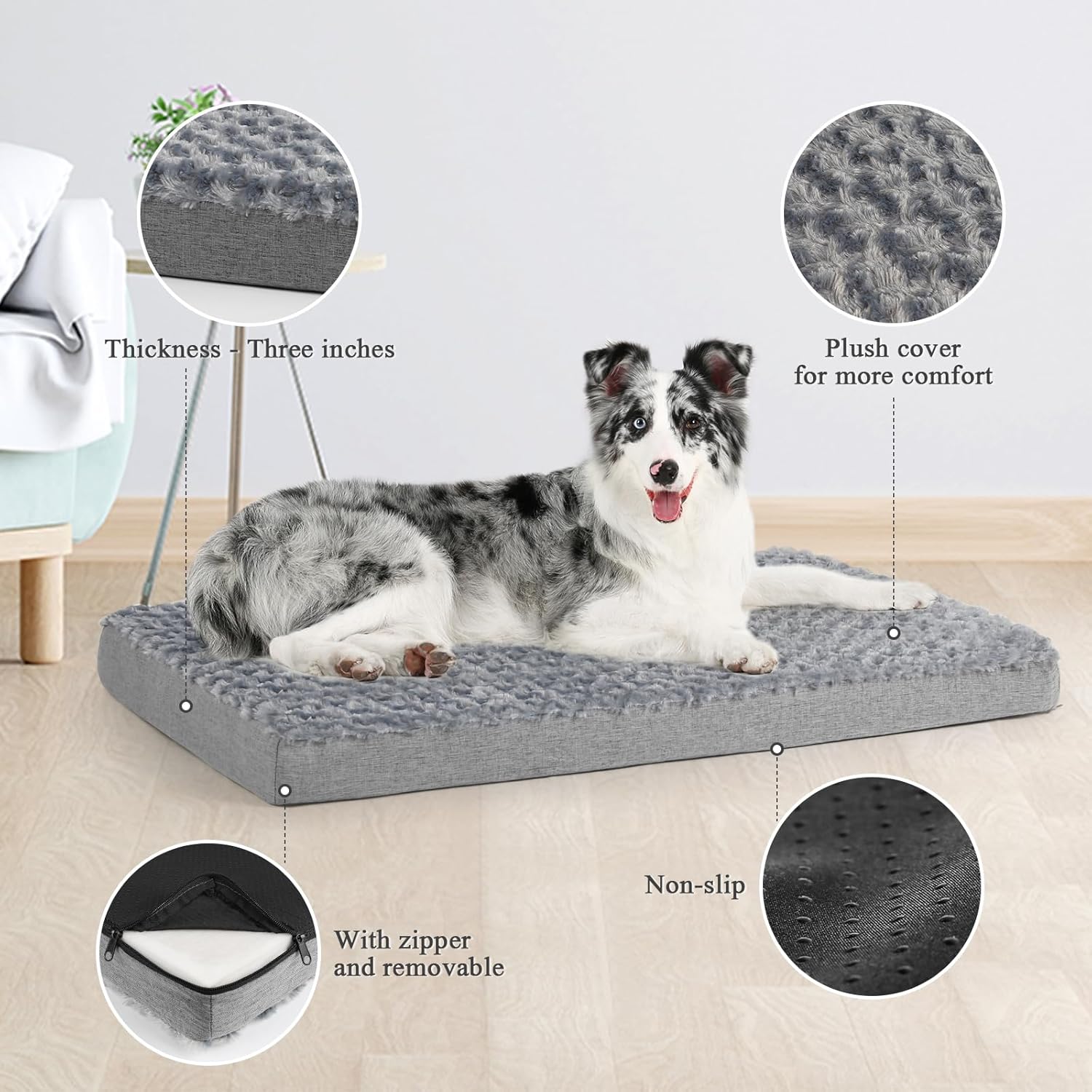 Dog Beds for Small Medium Dogs, Dog Crate Bed Washable Dog Bed Pad with Removeable Cover Faux Fur Surface, Orthopedic Pet Beds Dog Mattress Mat for Dogs up to 13KG, Grey, Medium