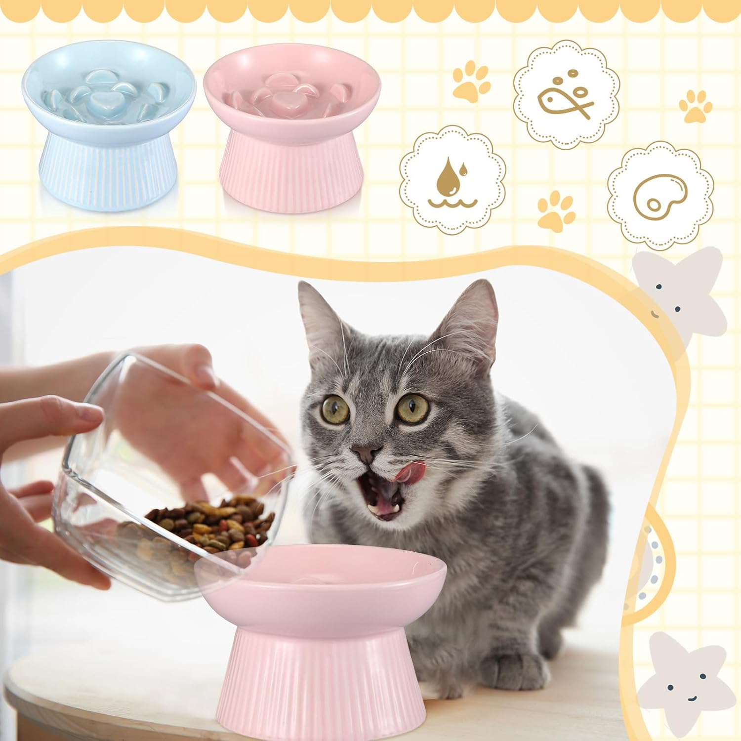 2 Pack Raised Slow Feeder Cat Bowls Ceramic Elevated Cat Food Bowls anti Vomiting Slow Feeder for Dog and Kitten for Dry and Wet Food(Blue, Pink)