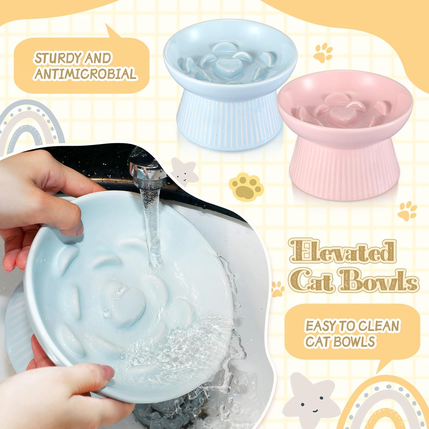 2 Pack Raised Slow Feeder Cat Bowls Ceramic Elevated Cat Food Bowls anti Vomiting Slow Feeder for Dog and Kitten for Dry and Wet Food(Blue, Pink)