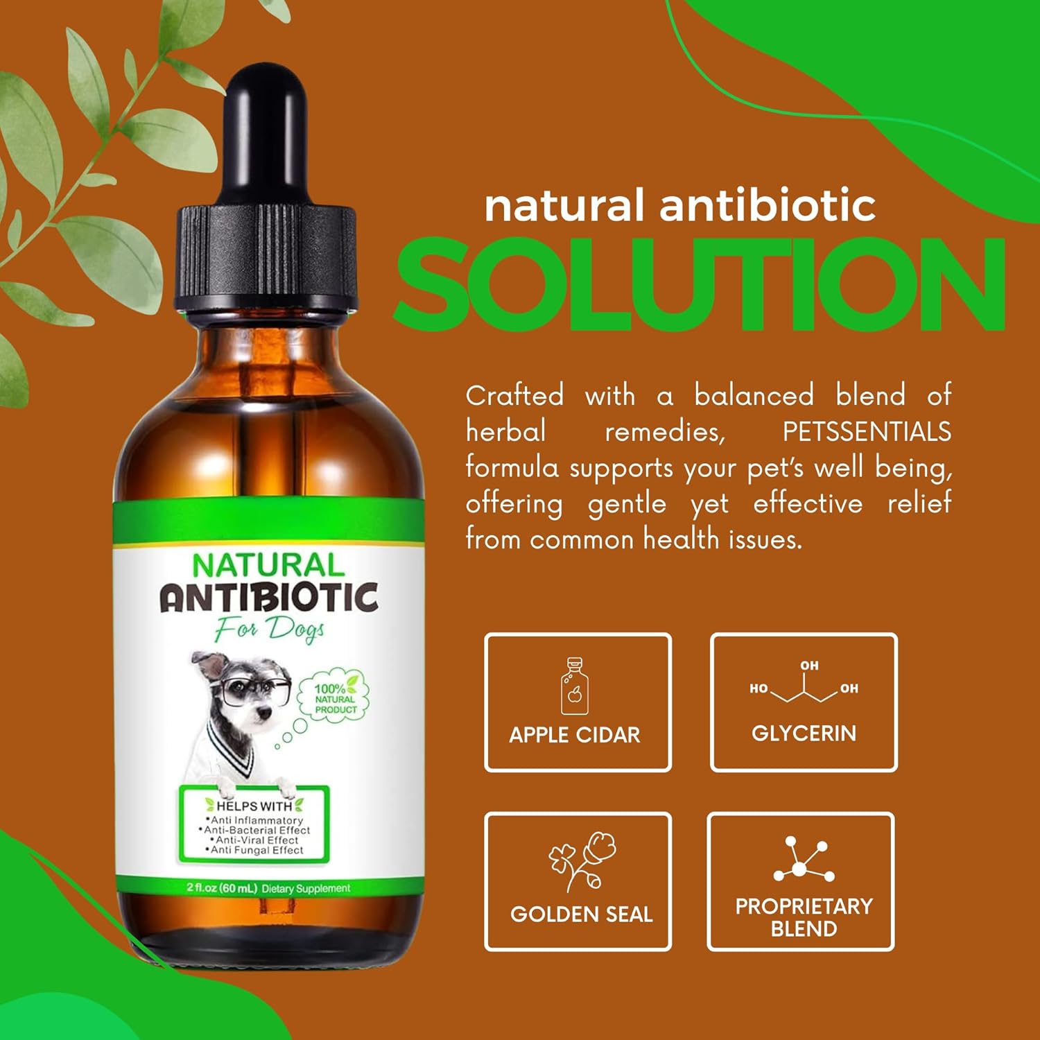 Natural Antibiotics for Dogs 60Ml | All-Natural Dog Antibiotic Supplement for Allergy & Itch Relief | Supports Immune Health & Overall Wellness | Delicious Bacon Flavour