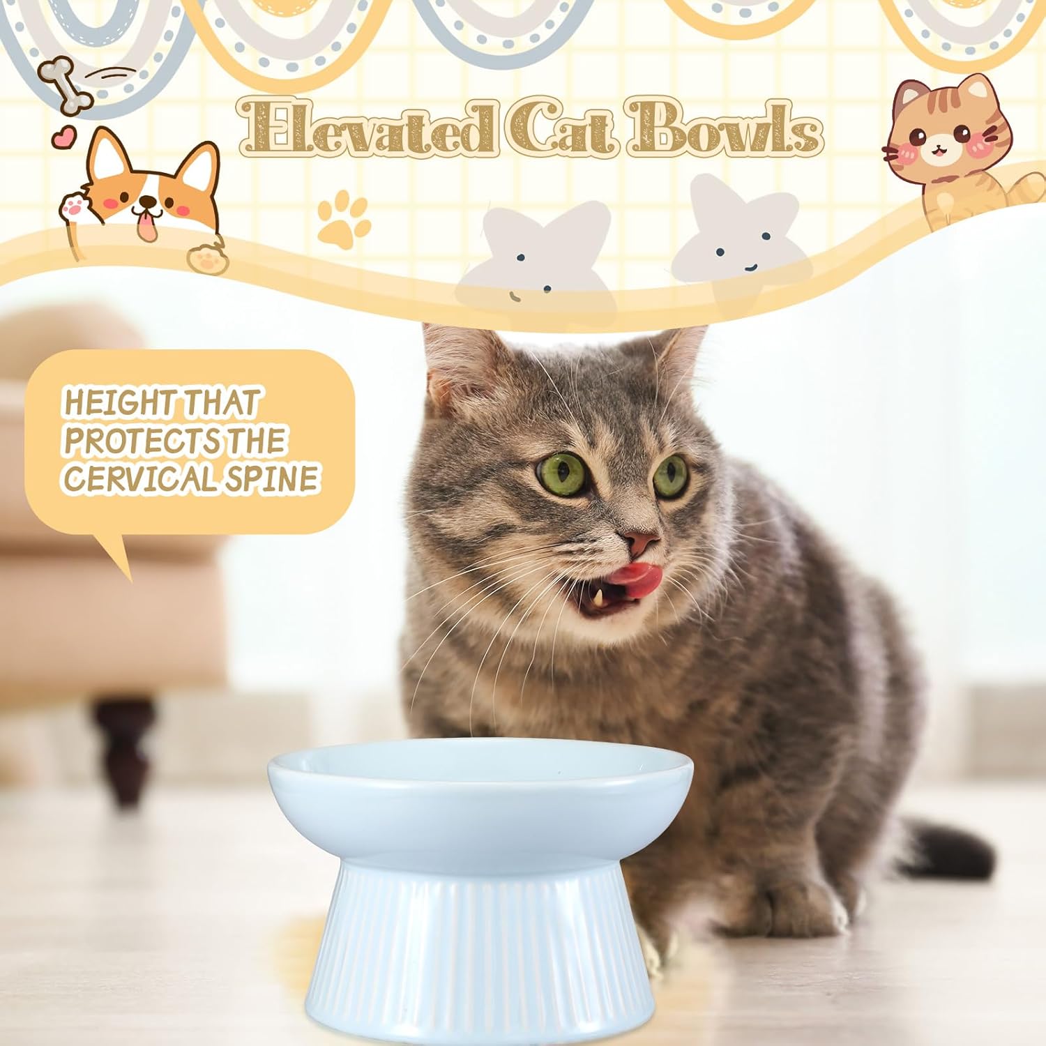 2 Pack Raised Slow Feeder Cat Bowls Ceramic Elevated Cat Food Bowls anti Vomiting Slow Feeder for Dog and Kitten for Dry and Wet Food(Blue, Pink)