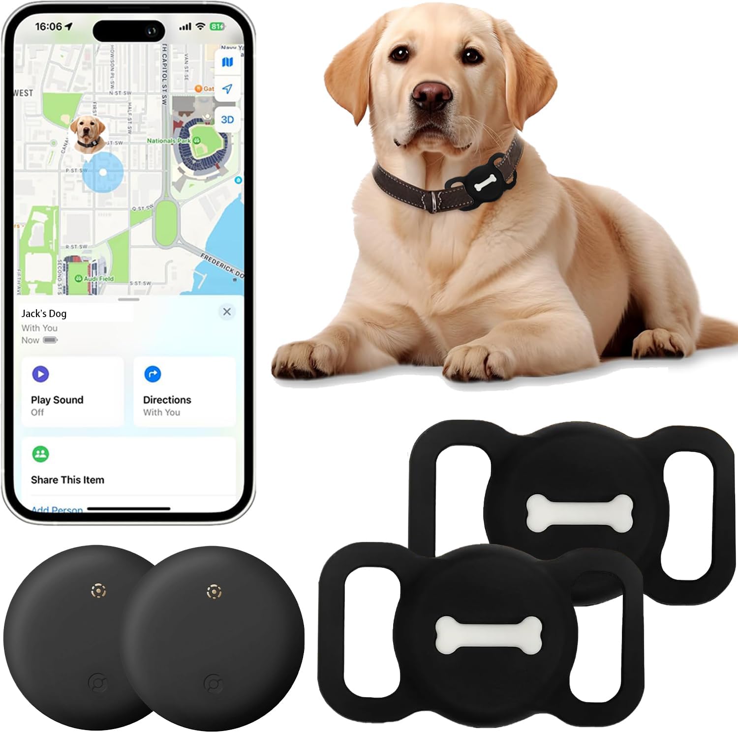 [2 Pack] Item Locator,  Bluetooth Tracker Finder Works with Apple Find My(Ios Only), Pet Tracker with Collar Holder, Waterproof, Replaceable Battery for Pets/Luggage/Suitcases and More-Black