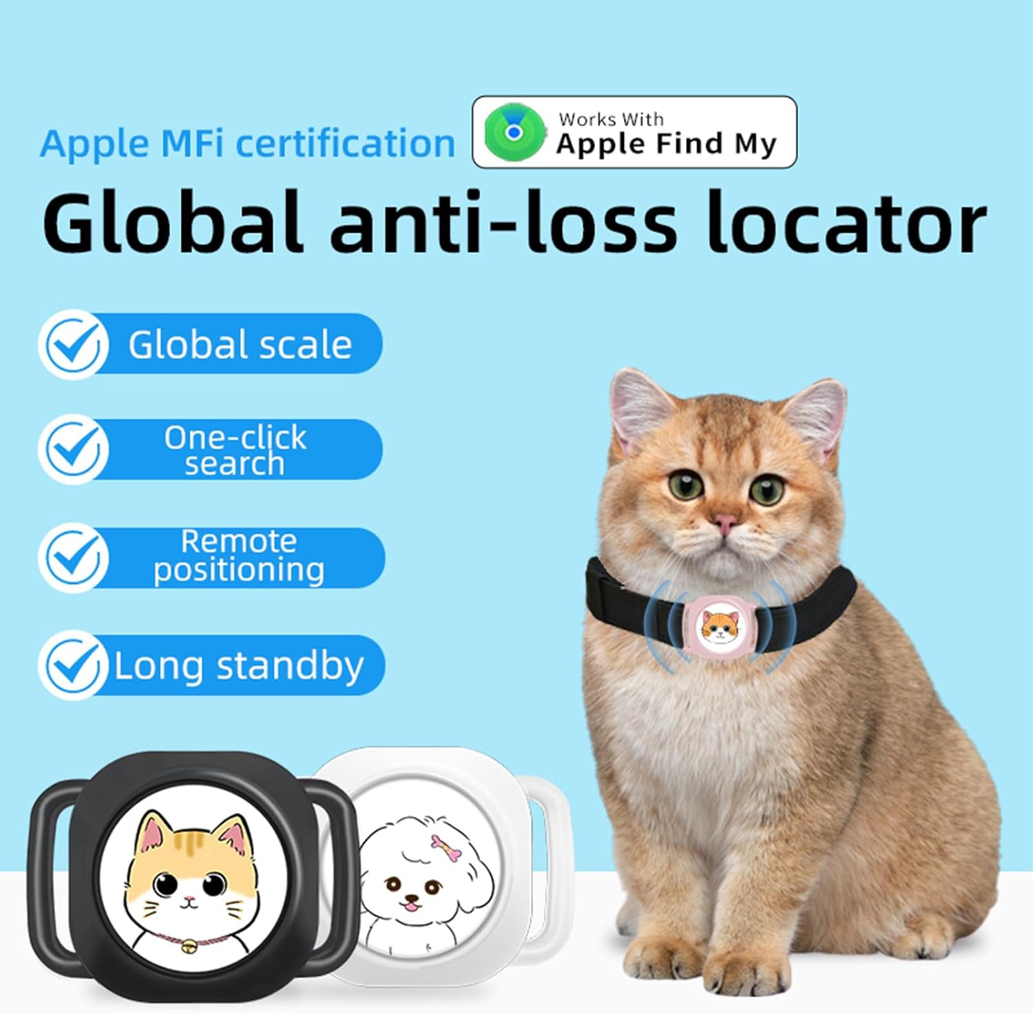 Smart Pet Tracker with Collar Holder – Lightweight 10G Pet Location Tracker for Dogs and Cats, Long Battery Life, No Monthly Fee, Bluetooth & Find My Compatibility, Waterproof, Safe & Durable (White)