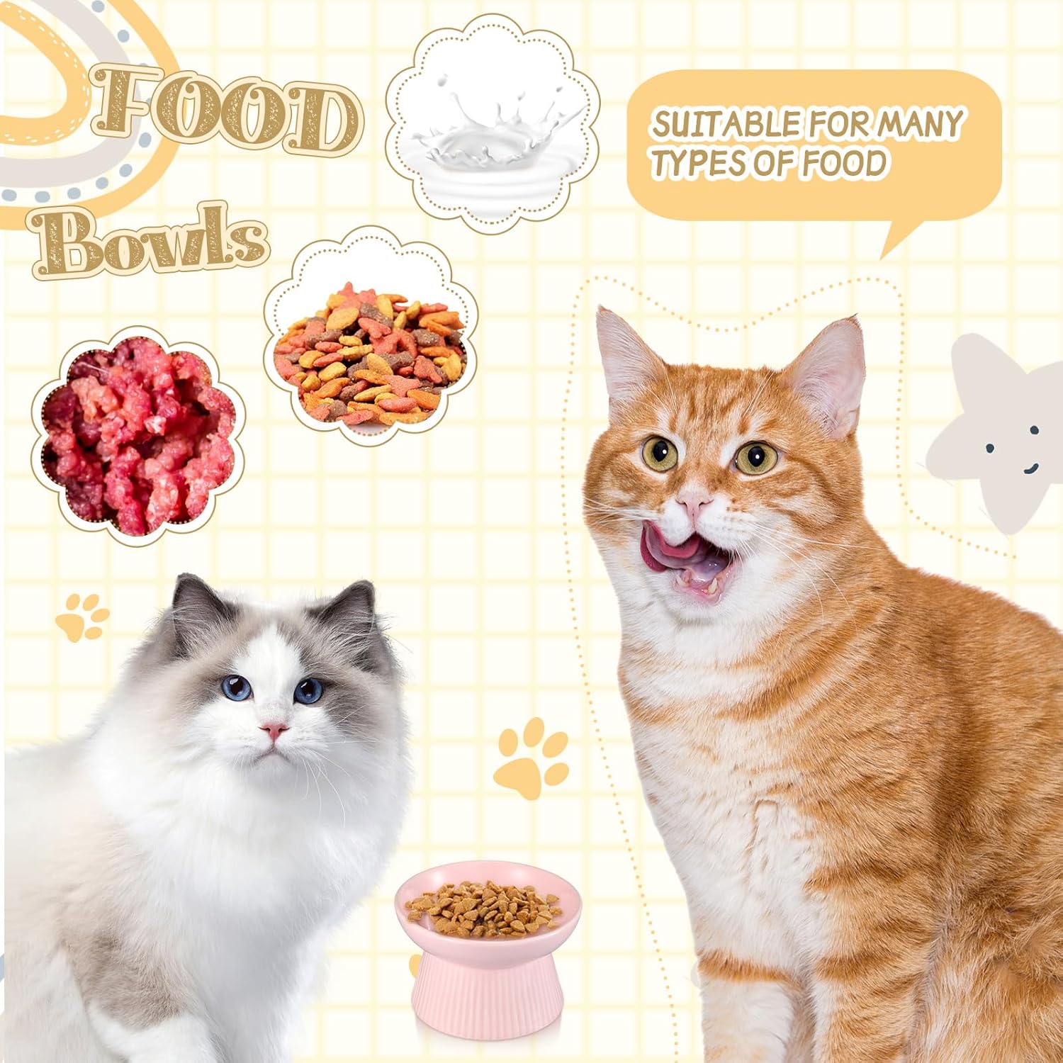 2 Pack Raised Slow Feeder Cat Bowls Ceramic Elevated Cat Food Bowls anti Vomiting Slow Feeder for Dog and Kitten for Dry and Wet Food(Blue, Pink)