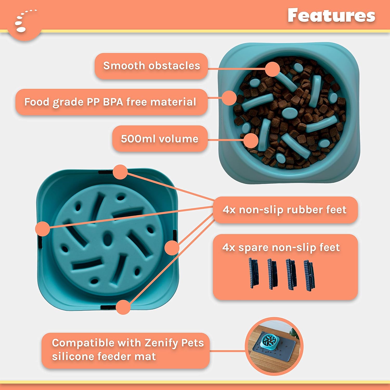 Zenify Dog Bowl Slow Feeder - Large 500Ml Healthy Eating Pet Interactive Feeder with Anti-Skid Non-Slip Grip Base to Reduce Overeating Bloating Vomiting Obesity for Wet Dry Raw Food and Water (Blue)