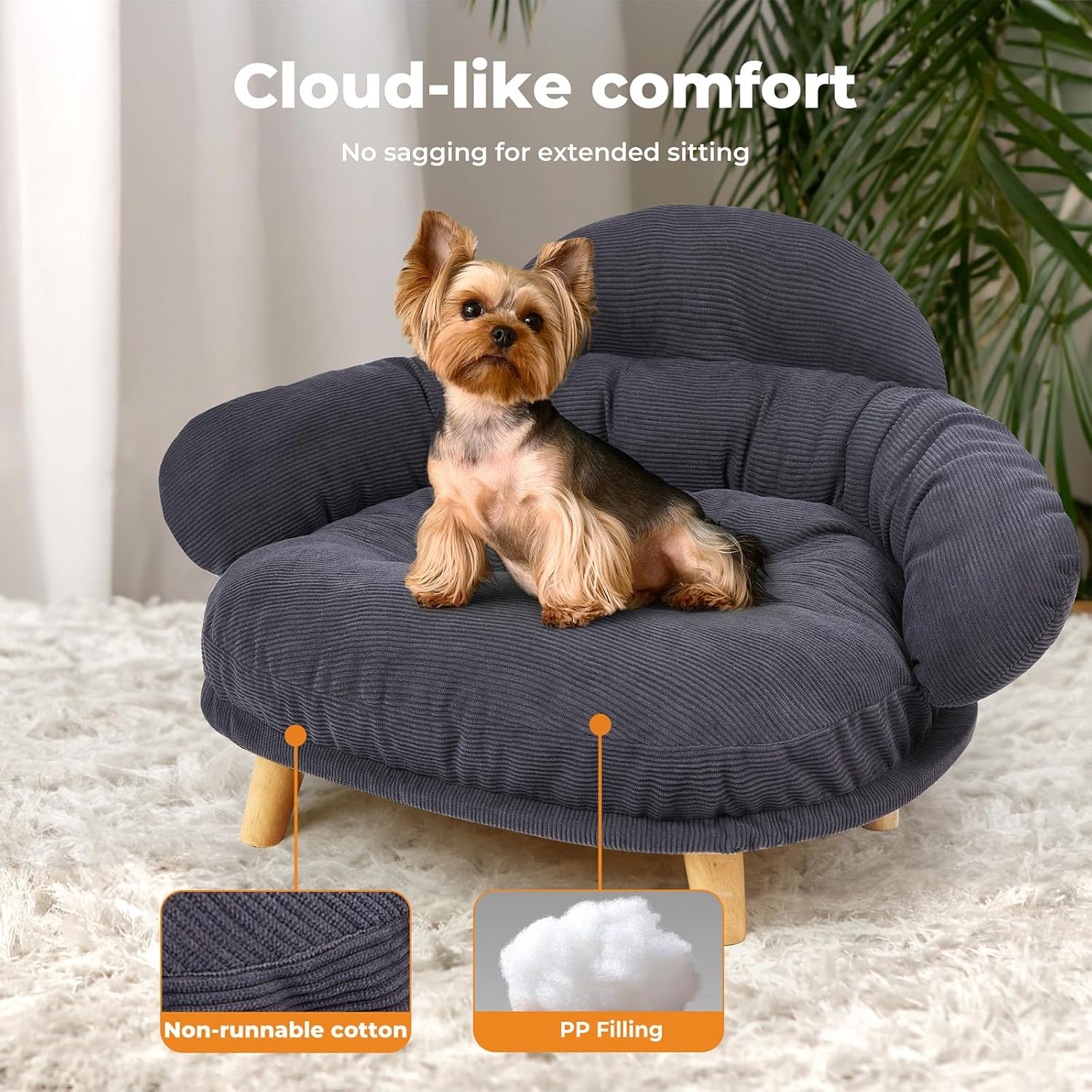 Pet Sofa Dog Cat Elevated Raised Couch Bed, Durable Soft Couch Chair Kitten Lounge Sofa Bed with Removable Cushion Seat Washable Cover, Luxury Plush Sofa Stool Bed for Dogs Cats with Wooden Frame