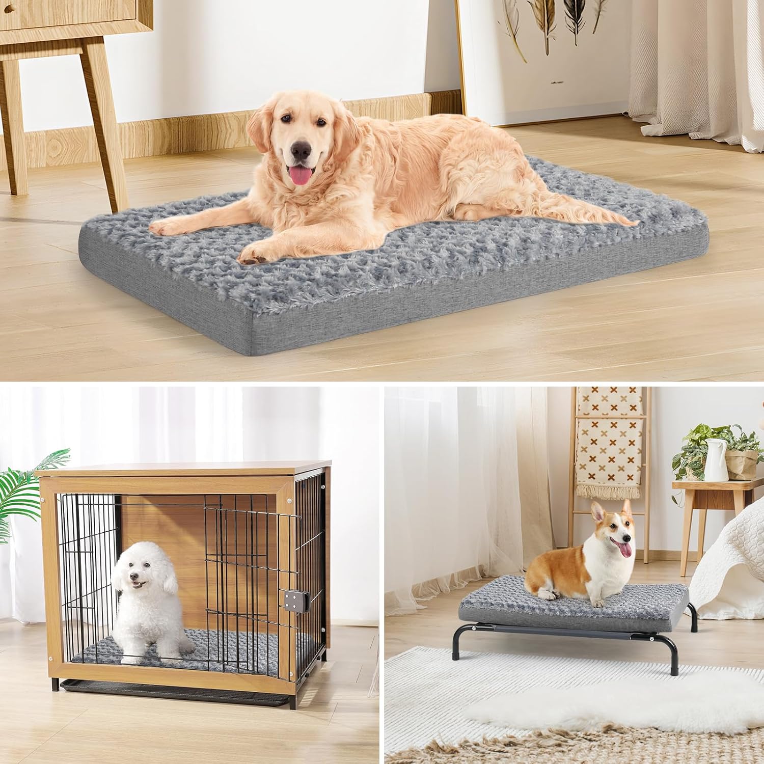 Dog Beds for Small Medium Dogs, Dog Crate Bed Washable Dog Bed Pad with Removeable Cover Faux Fur Surface, Orthopedic Pet Beds Dog Mattress Mat for Dogs up to 13KG, Grey, Medium