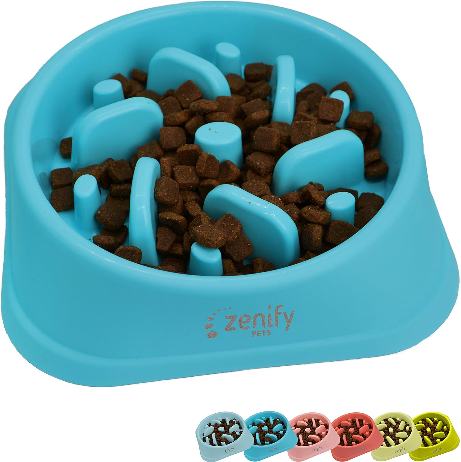 Zenify Dog Bowl Slow Feeder - Large 500Ml Healthy Eating Pet Interactive Feeder with Anti-Skid Non-Slip Grip Base to Reduce Overeating Bloating Vomiting Obesity for Wet Dry Raw Food and Water (Blue)