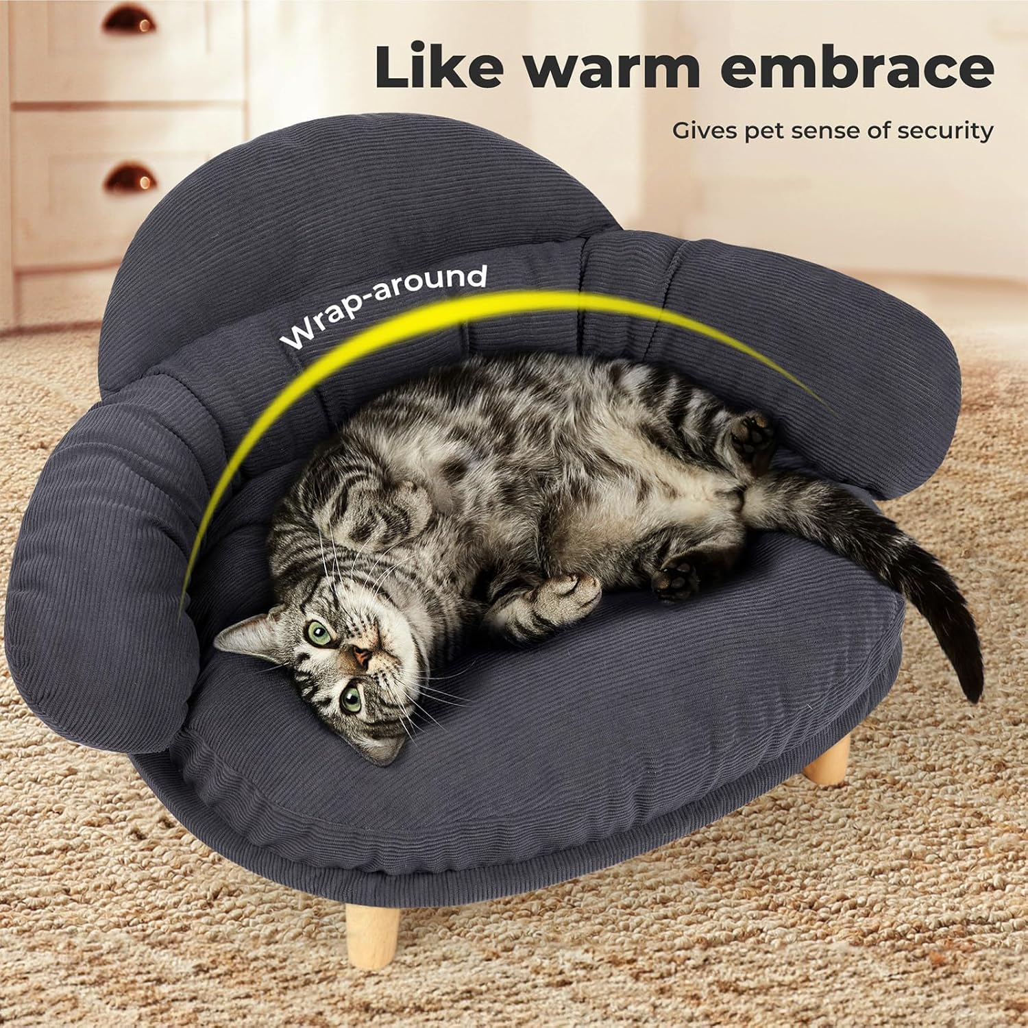 Pet Sofa Dog Cat Elevated Raised Couch Bed, Durable Soft Couch Chair Kitten Lounge Sofa Bed with Removable Cushion Seat Washable Cover, Luxury Plush Sofa Stool Bed for Dogs Cats with Wooden Frame
