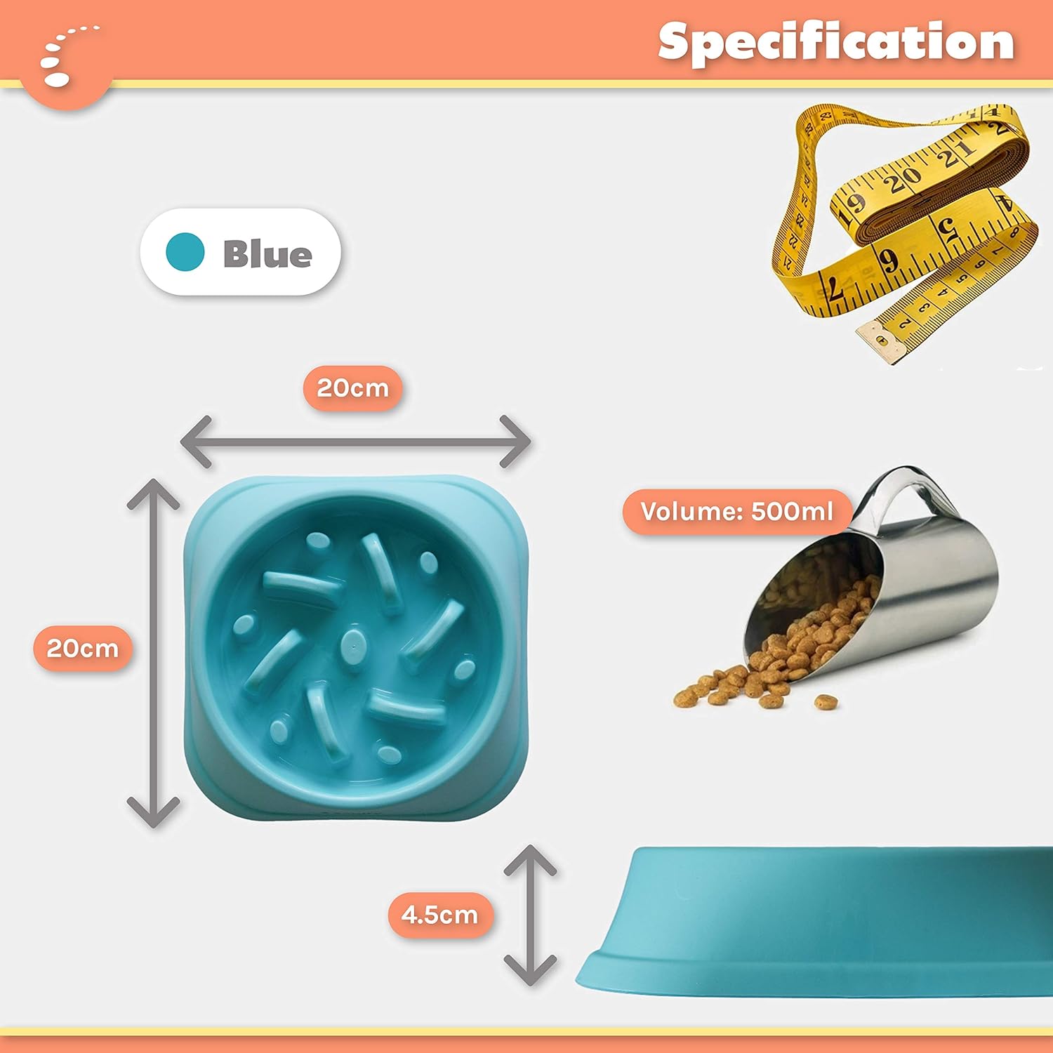 Zenify Dog Bowl Slow Feeder - Large 500Ml Healthy Eating Pet Interactive Feeder with Anti-Skid Non-Slip Grip Base to Reduce Overeating Bloating Vomiting Obesity for Wet Dry Raw Food and Water (Blue)