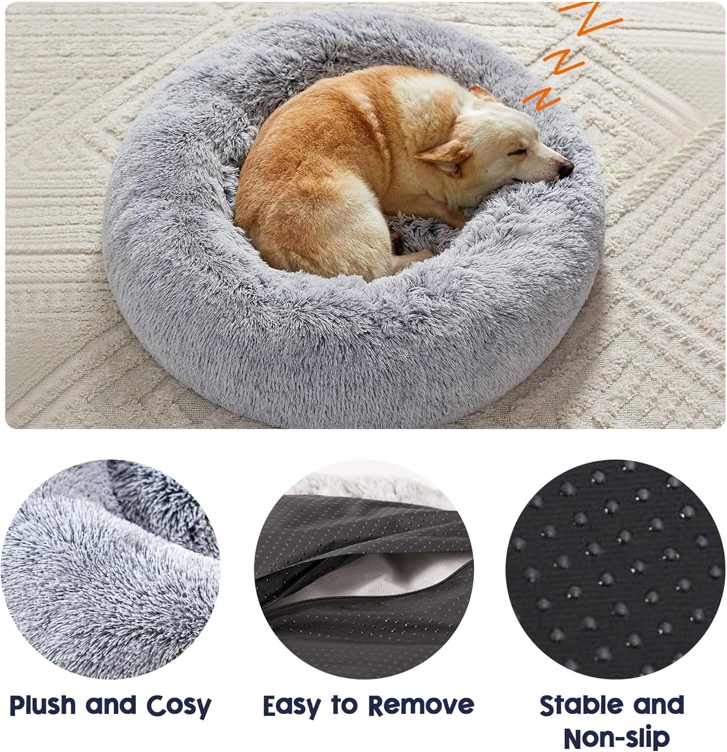 Calming Dog Bed for Dog & Cat, Donut Washable Puppy Bed with Ultra-Plush Support, Fluffy Faux Fur Plush Cushion Beds for Small Medium Dogs (70CM)