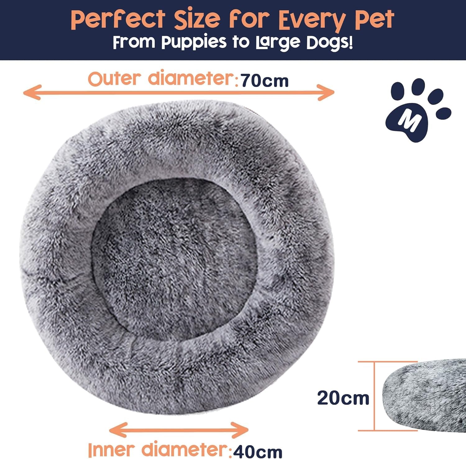 Calming Dog Bed for Dog & Cat, Donut Washable Puppy Bed with Ultra-Plush Support, Fluffy Faux Fur Plush Cushion Beds for Small Medium Dogs (70CM)