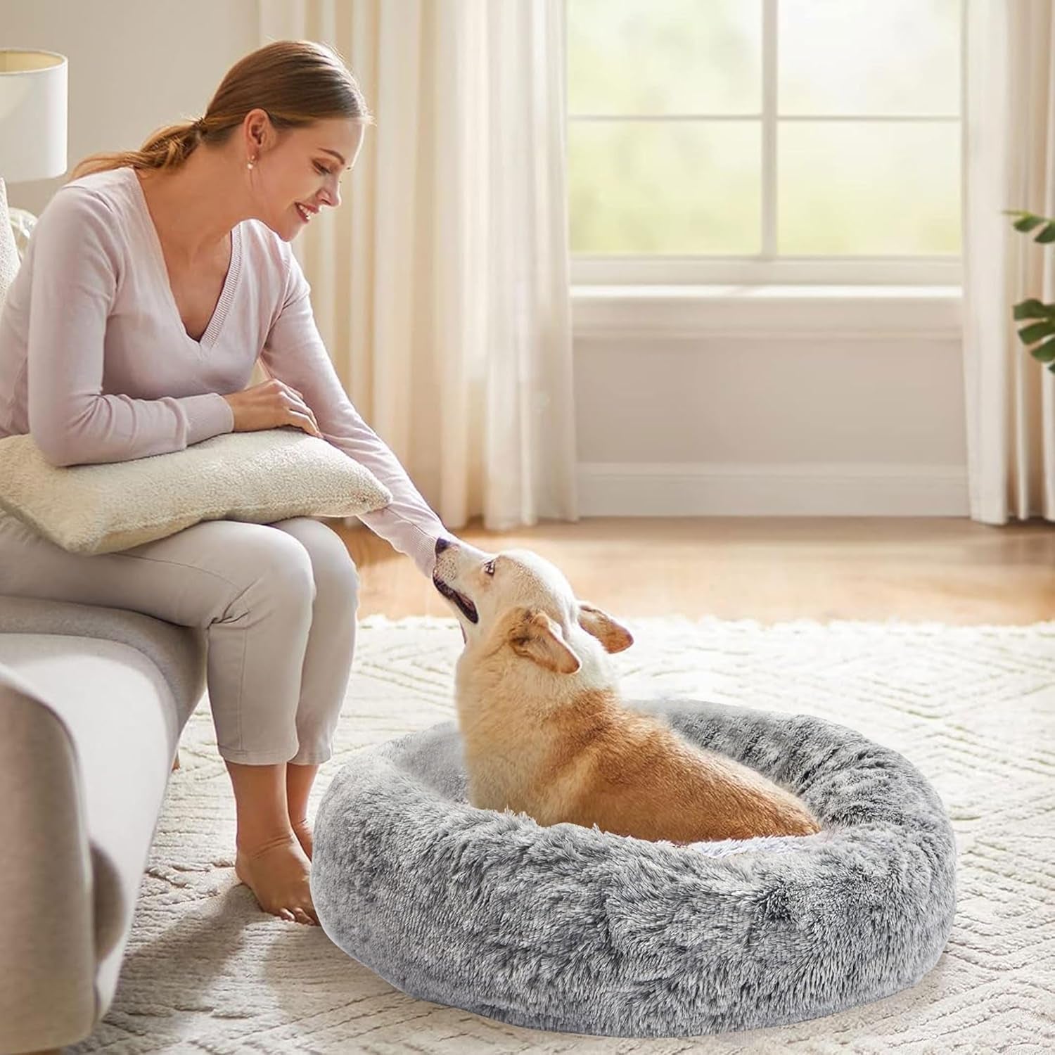 Calming Dog Bed for Dog & Cat, Donut Washable Puppy Bed with Ultra-Plush Support, Fluffy Faux Fur Plush Cushion Beds for Small Medium Dogs (70CM)