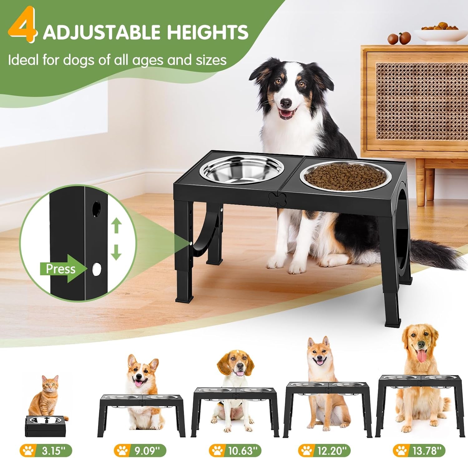 Elevated Dog Bowls for Medium Large Breed Dogs, 4 Height Adjustable Dog Raised Bowls Stand to 9.09", 10.63", 12.20", 13.78", 2 Thick Stainless Steel Dog Food Water Bowls, No Slip Dog Feeder, Black