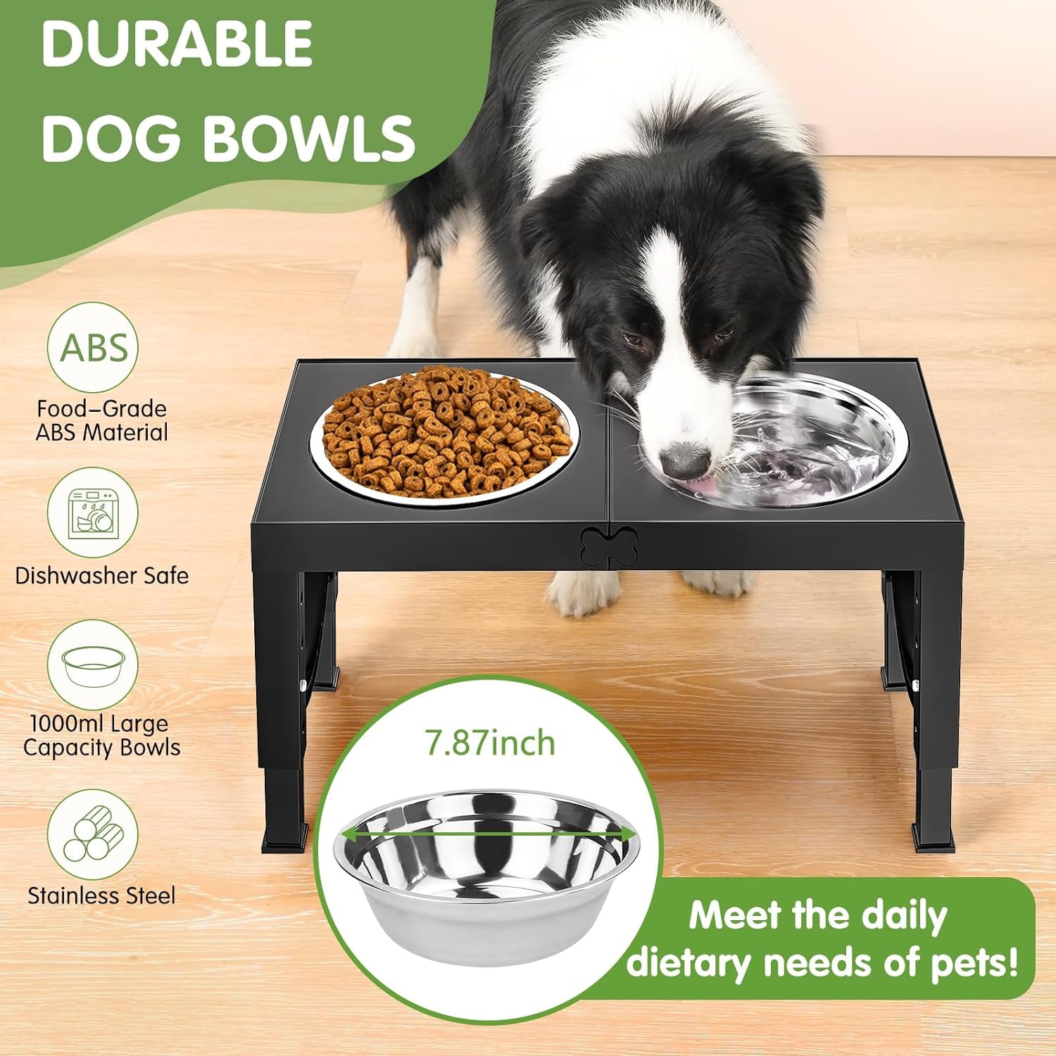 Elevated Dog Bowls for Medium Large Breed Dogs, 4 Height Adjustable Dog Raised Bowls Stand to 9.09", 10.63", 12.20", 13.78", 2 Thick Stainless Steel Dog Food Water Bowls, No Slip Dog Feeder, Black