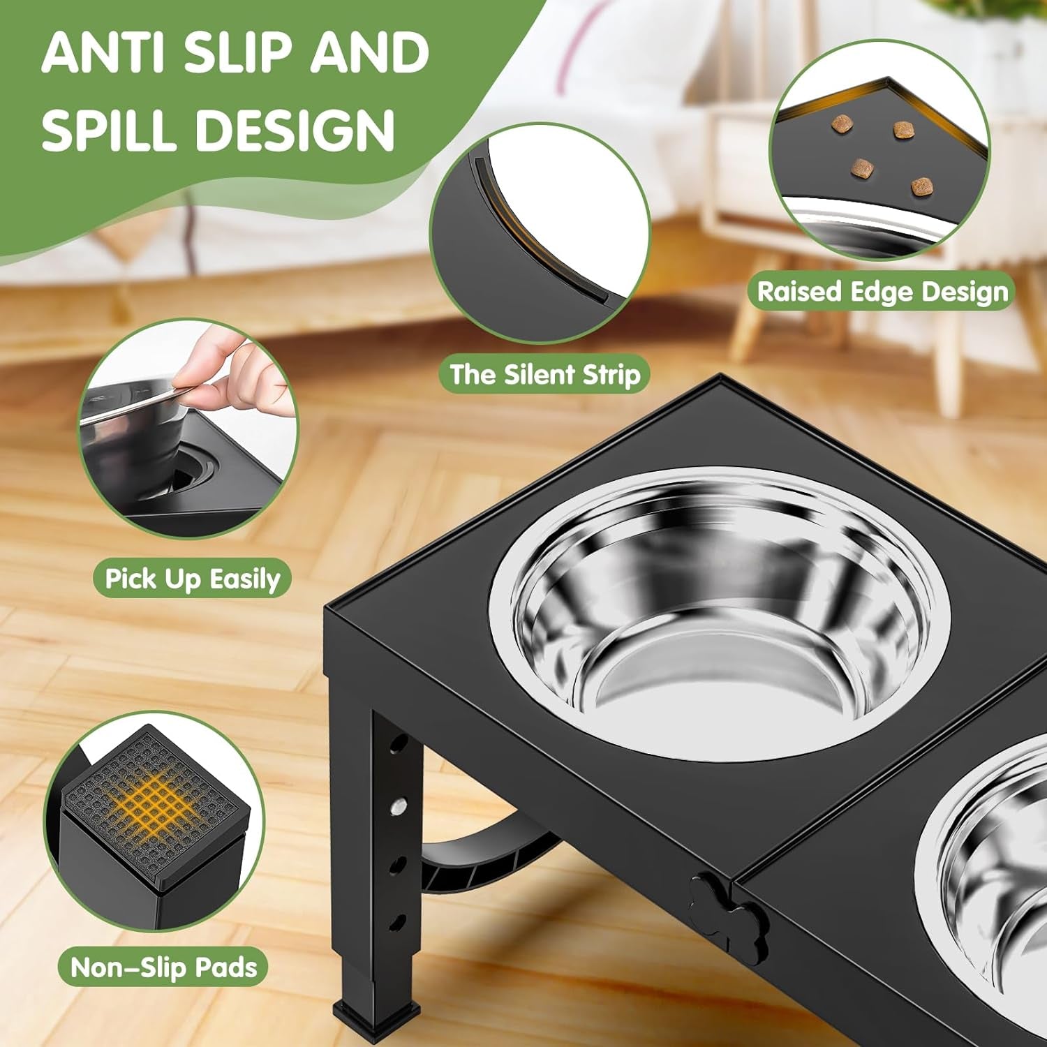 Elevated Dog Bowls for Medium Large Breed Dogs, 4 Height Adjustable Dog Raised Bowls Stand to 9.09", 10.63", 12.20", 13.78", 2 Thick Stainless Steel Dog Food Water Bowls, No Slip Dog Feeder, Black