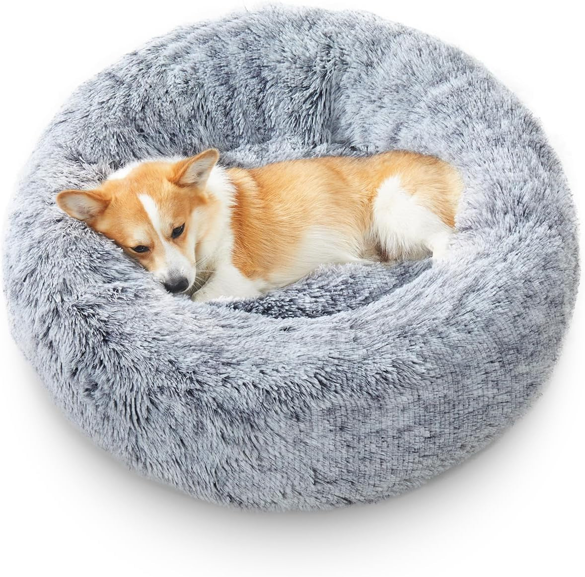 Calming Dog Bed for Dog & Cat, Donut Washable Puppy Bed with Ultra-Plush Support, Fluffy Faux Fur Plush Cushion Beds for Small Medium Dogs (70CM)